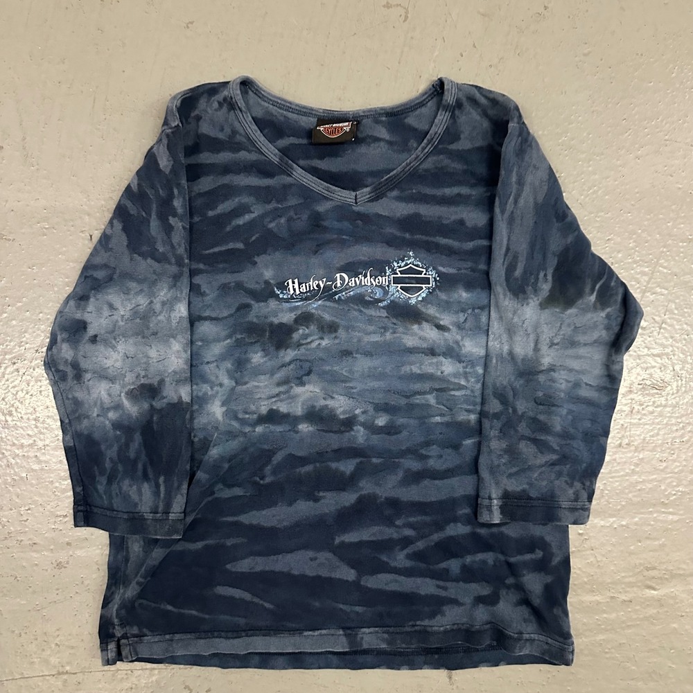Vintage Harley Davidson Womens Large Blue Tie Dye Shirt Preowned 3/4 Sleeve